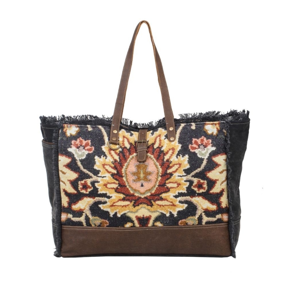Myra Bag Multicolor Embroidered Travel Tote with Brown Suede Trim - Picture 2 of 4